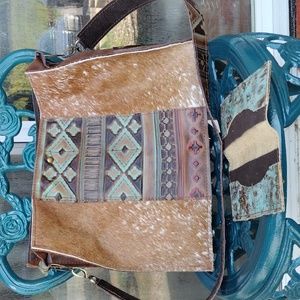 Hair on hide solid Brown handmade leather Bag with changeable strap and wallet